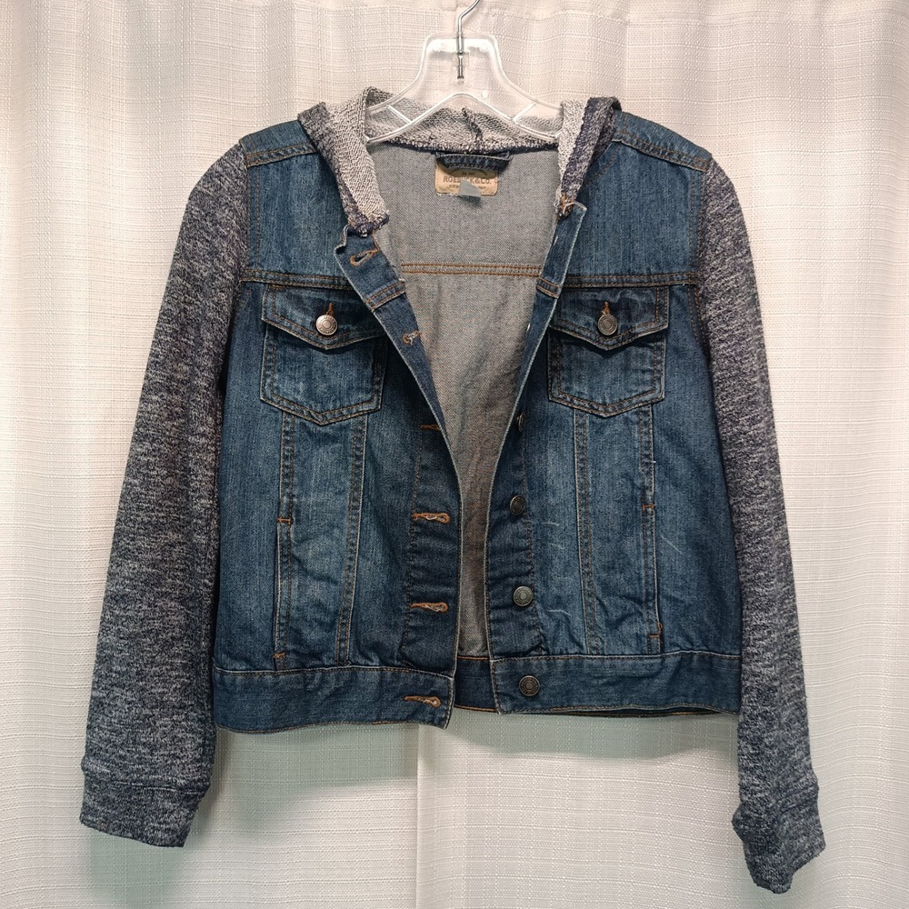 Roebuck & Co Kids Blue Denim Jacket Grey Knit Hooded Sleeves XL 16‎ Mixed Media